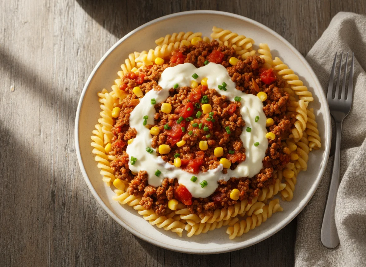 Macarrão parafuso com carne moída, milho e molho branco photo