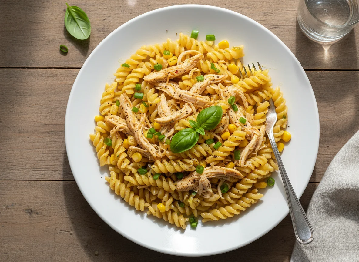 Macarrão parafuso com frango desfiado e milho photo