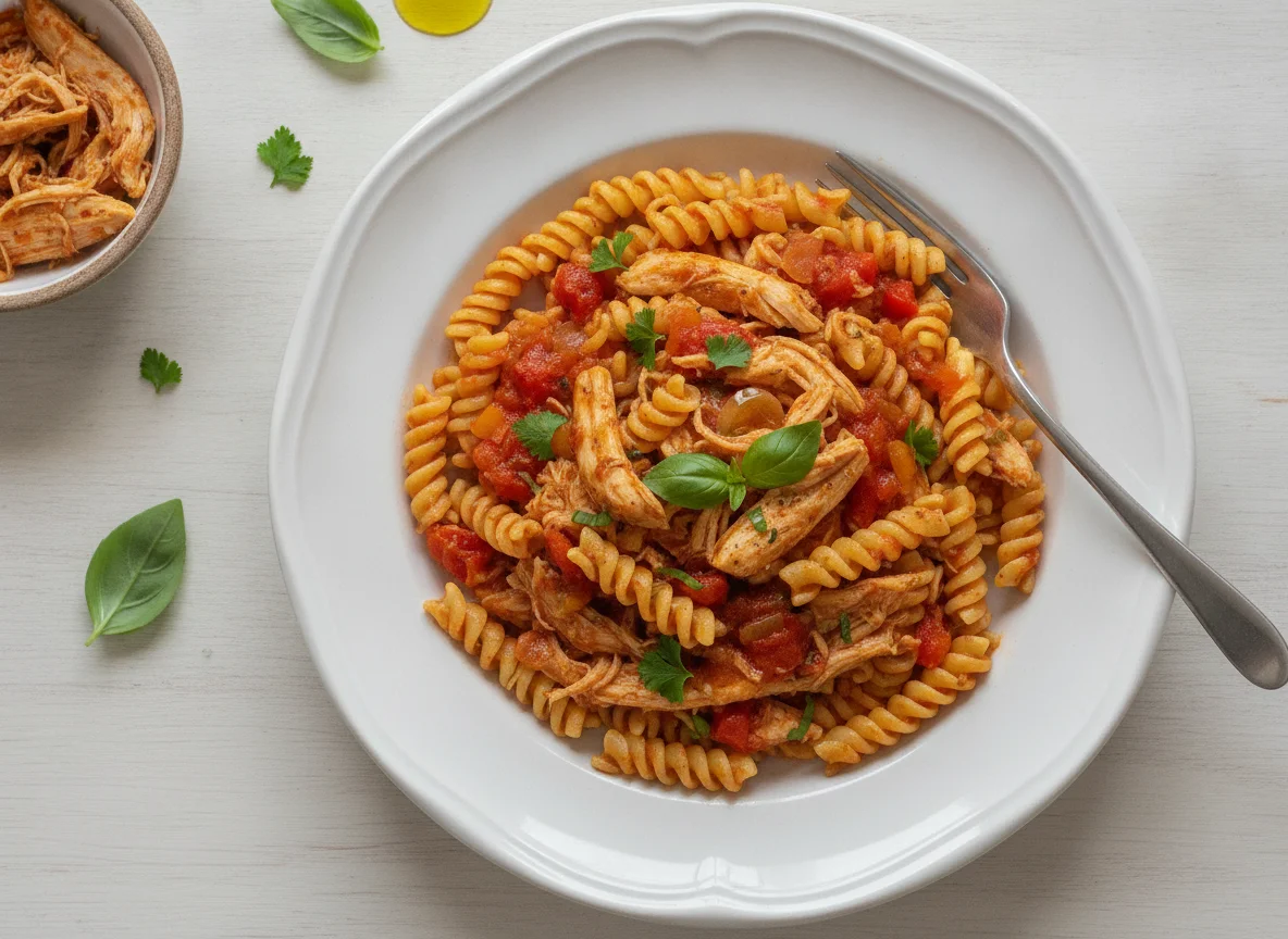 Macarrão parafuso com frango desfiado photo