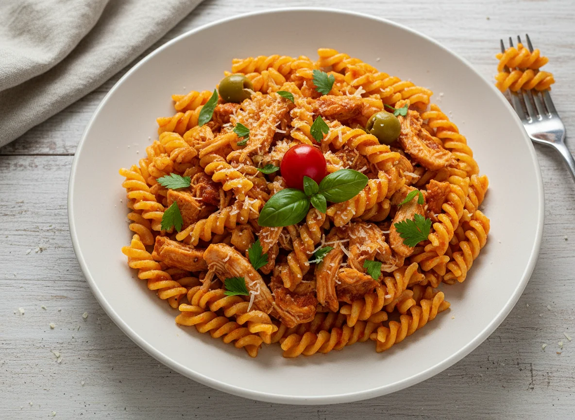 Macarrão parafuso com frango e molho photo