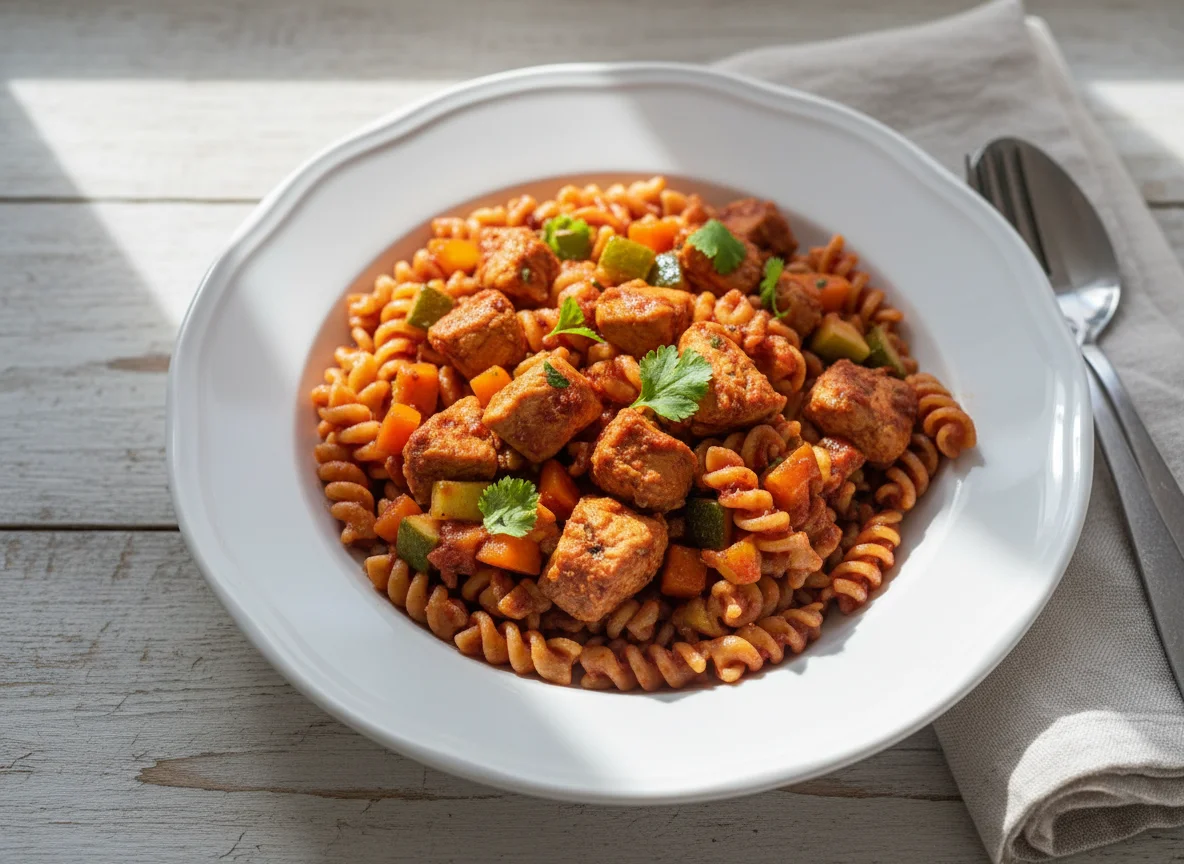 Macarrão parafuso com legumes e frango photo
