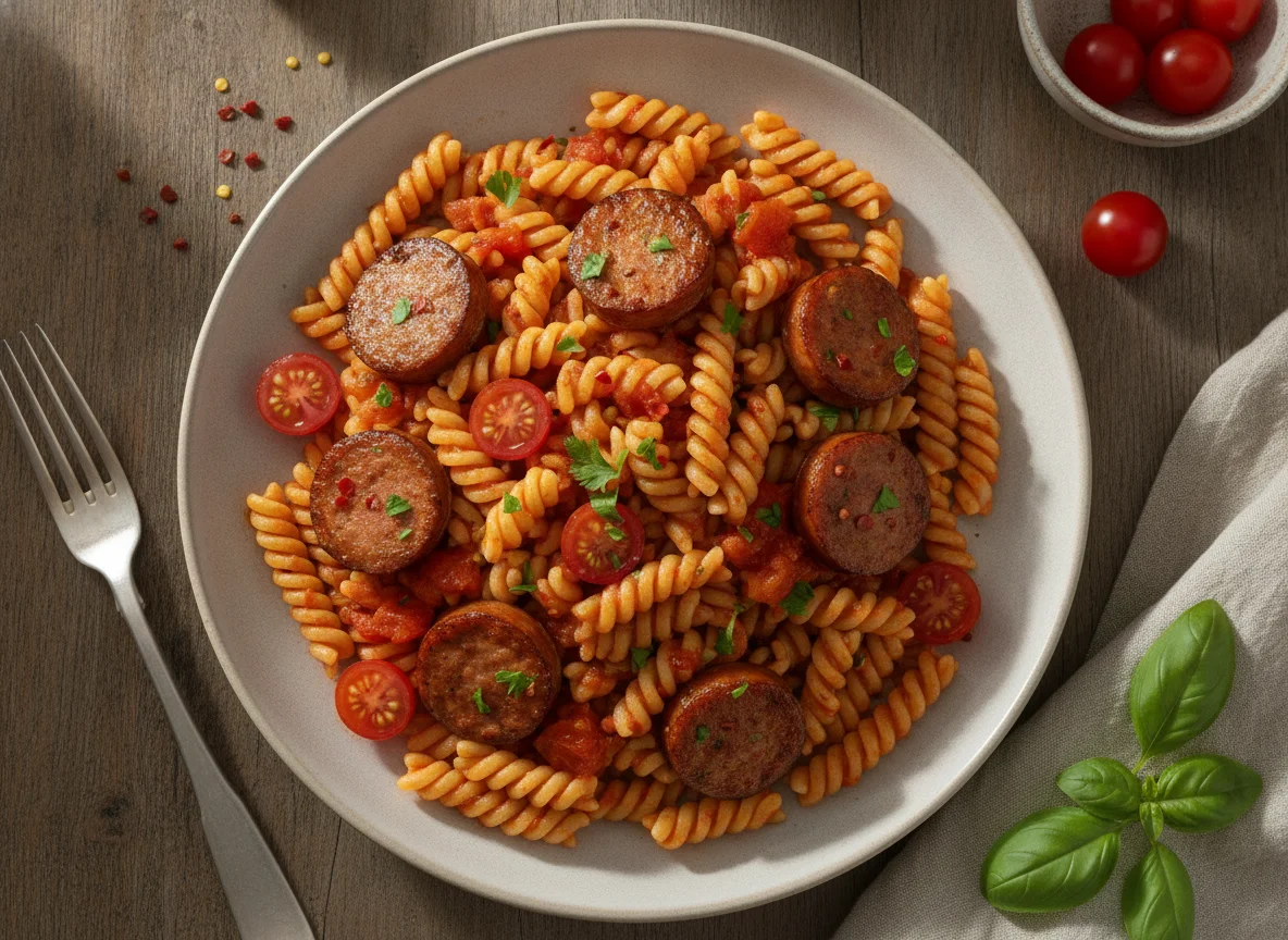 Macarrão parafuso com linguiça e molho de tomate photo