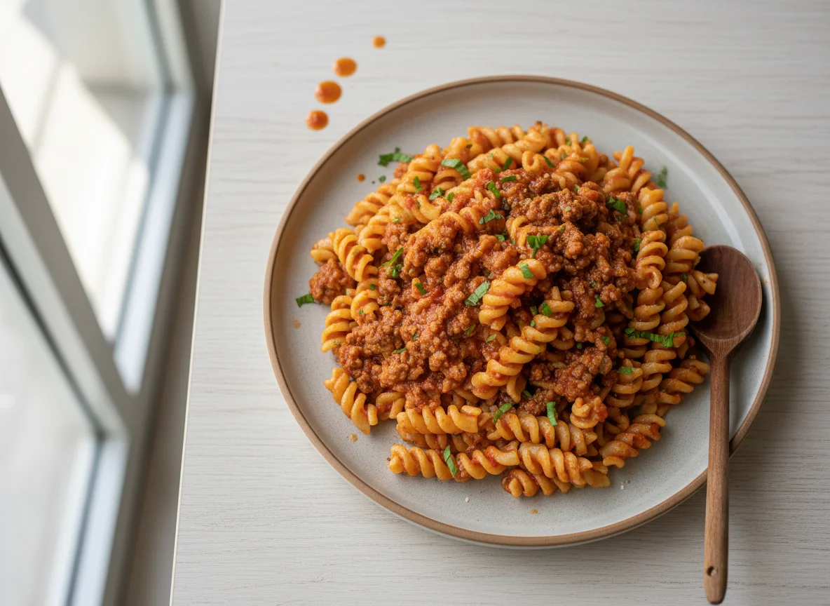 Macarrão parafuso com molho de carne e tomate photo