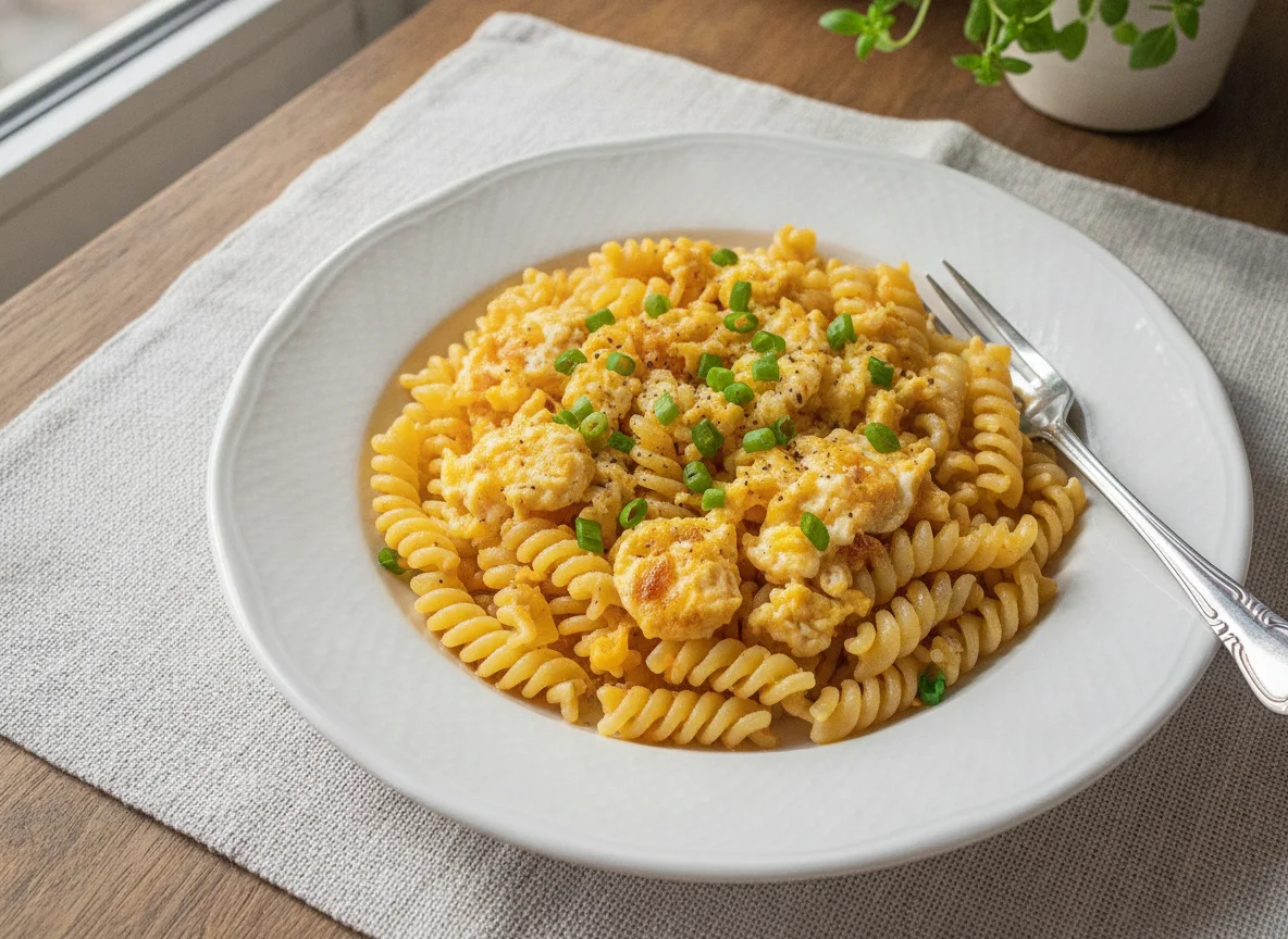 Macarrão parafuso com ovos mexidos photo