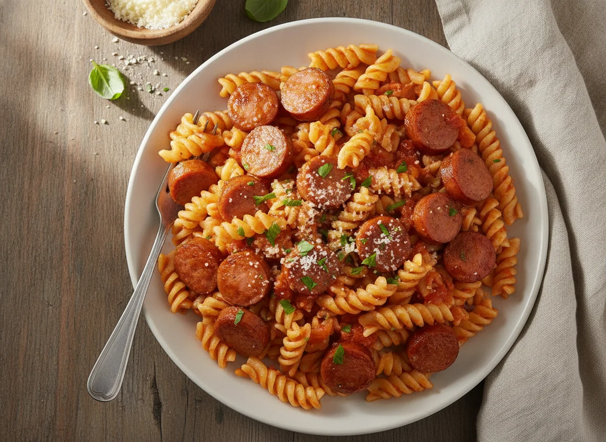 Macarrão parafuso com salsicha ao molho de tomate photo