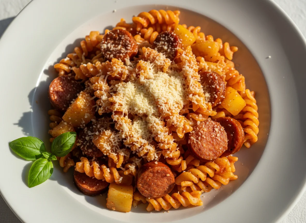 Macarrão parafuso com salsicha, batata e queijo ralado photo