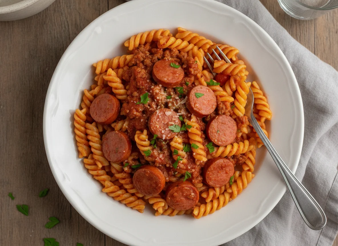 Macarrão parafuso com salsicha e molho de tomate photo