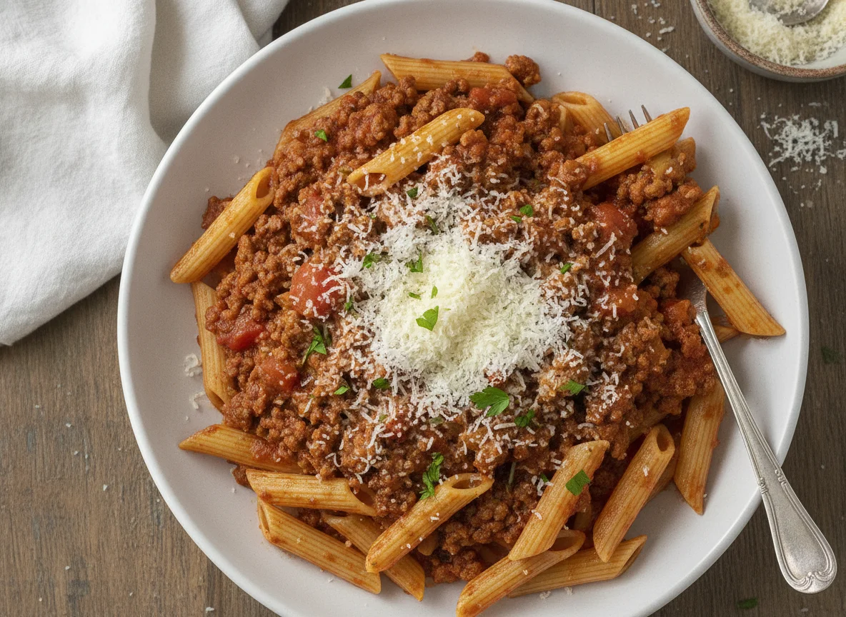 Macarrão Penne à Bolonhesa com Queijo Ralado photo