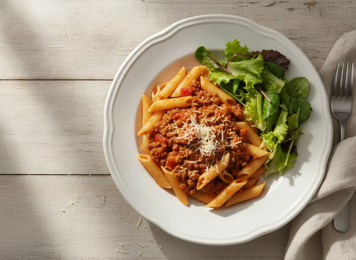 Macarrão Penne à Bolonhesa com Salada photo