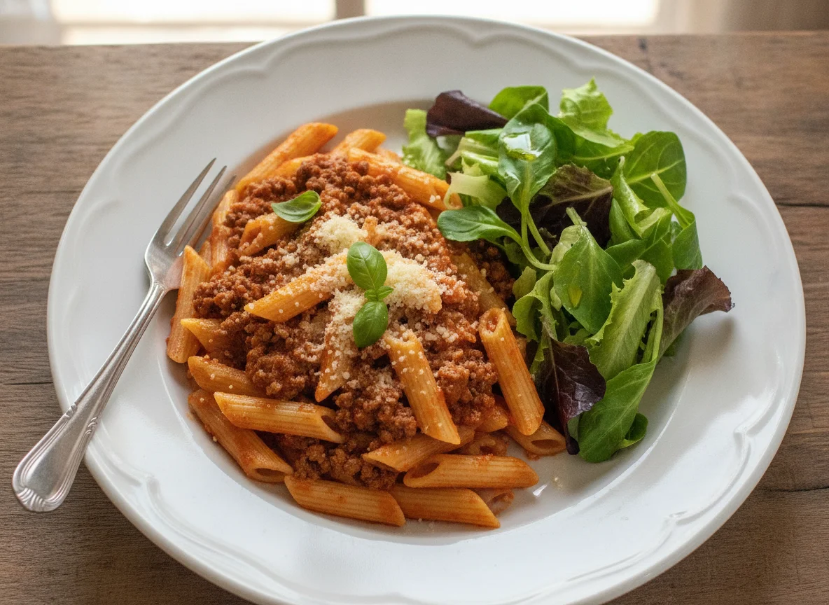 Macarrão Penne à Bolonhesa com Salada de Alface photo