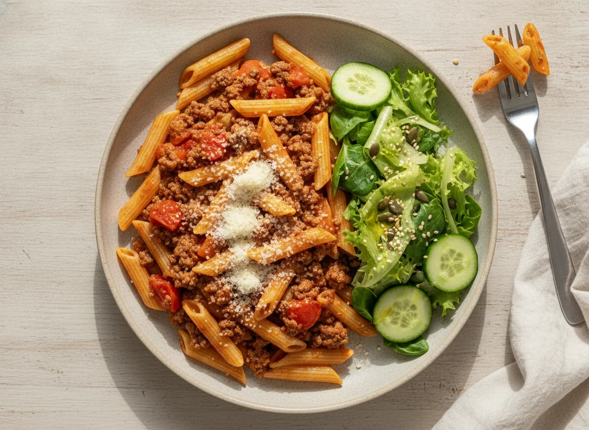 Macarrão Penne à Bolonhesa com Salada Mista photo