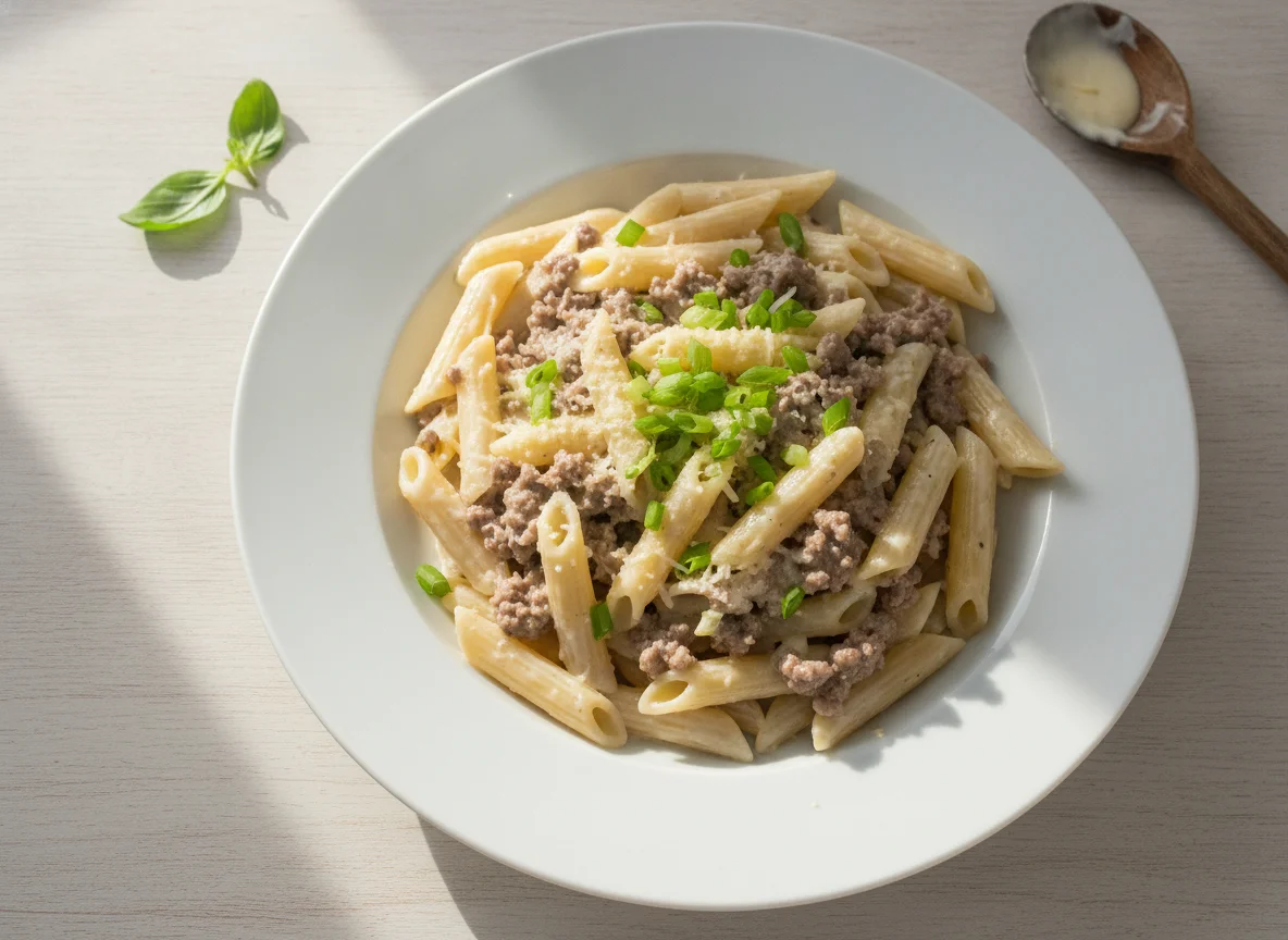 Macarrão Penne ao Molho Branco com Carne photo