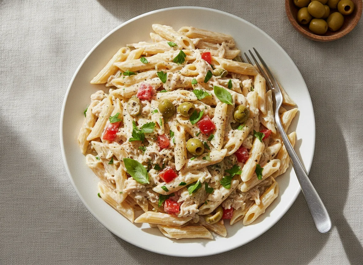 Macarrão Penne ao Molho Branco com Frango e Vegetais photo