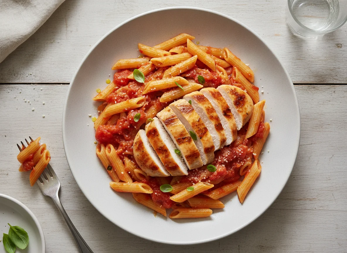 Macarrão penne ao molho de tomate com frango grelhado photo