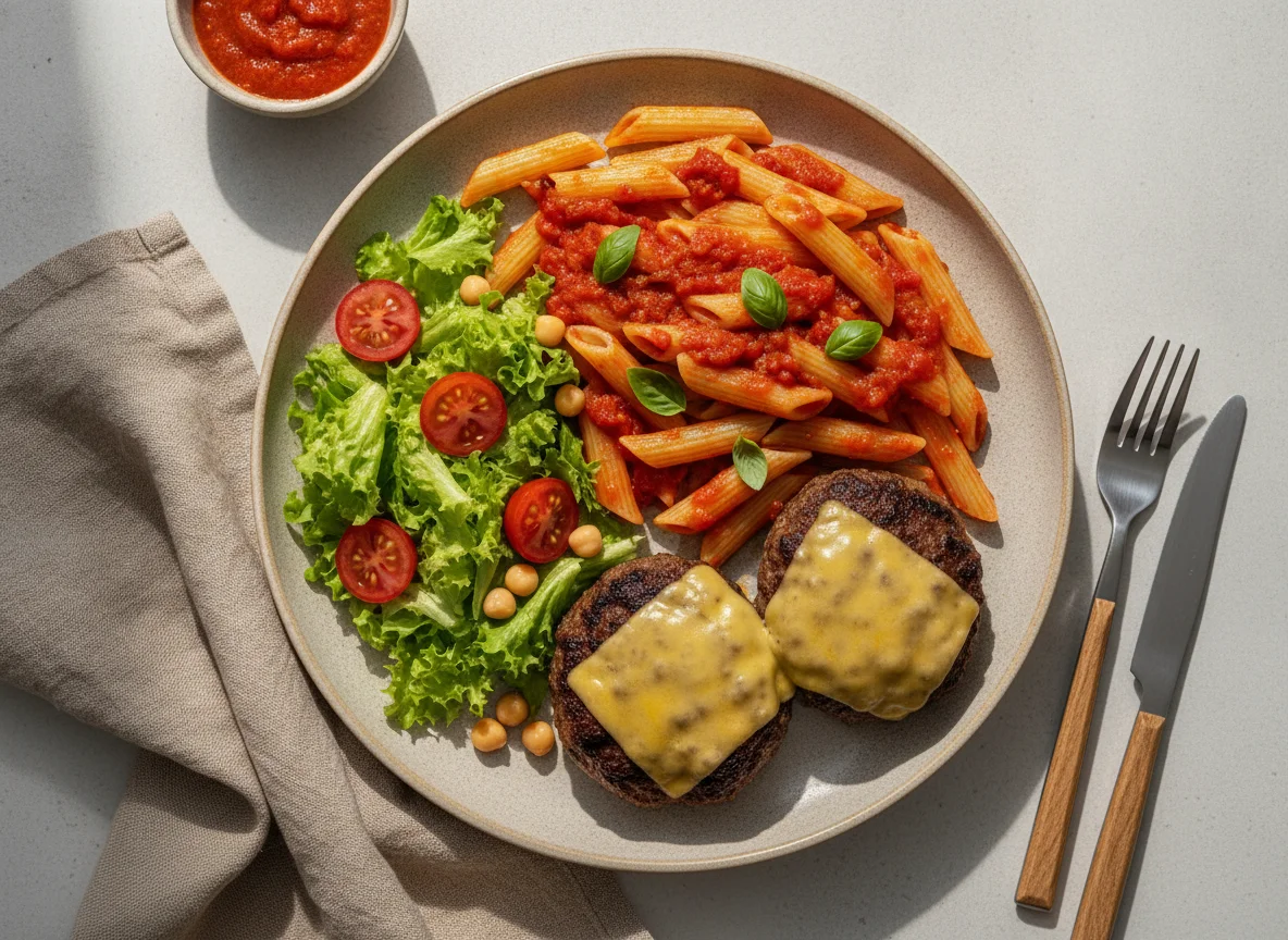 Macarrão penne ao molho de tomate com hambúrgueres e salada photo