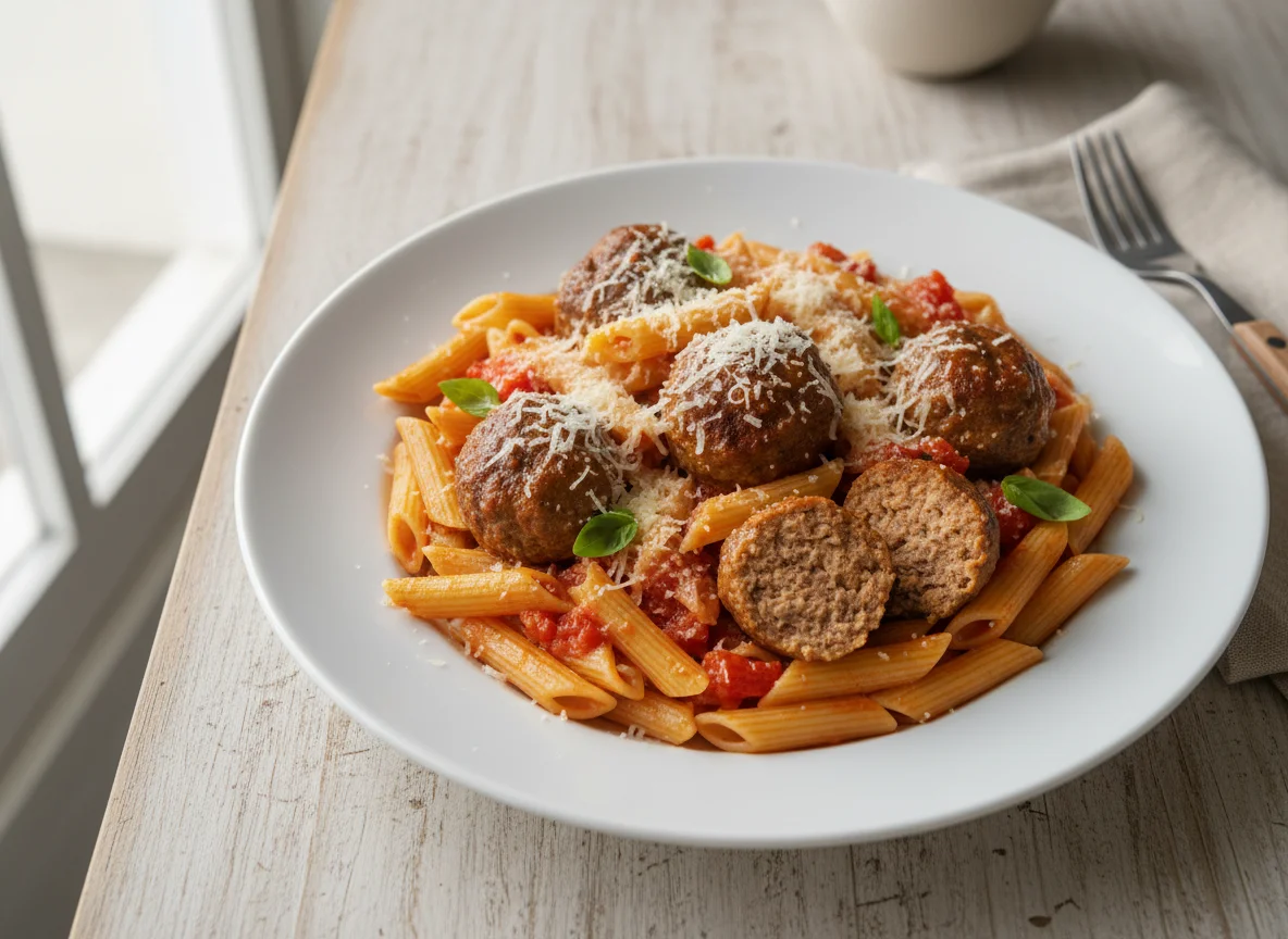 Macarrão Penne com Almôndegas e Molho de Tomate photo