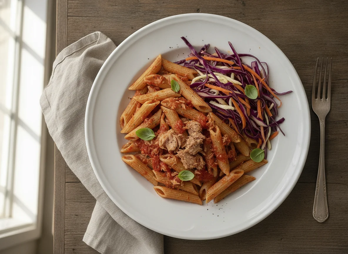 Macarrão penne com atum e salada de repolho photo
