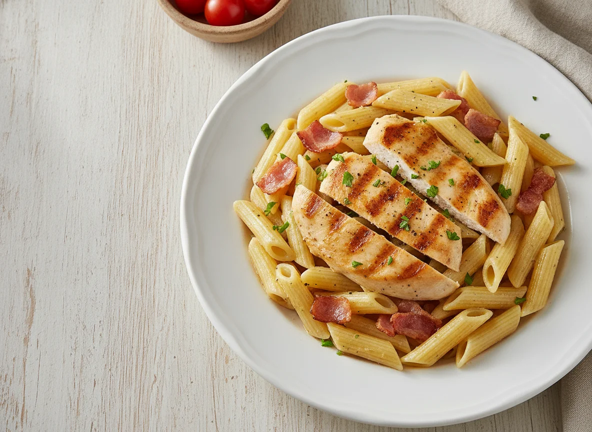 Macarrão Penne com Bacon e Frango Grelhado photo