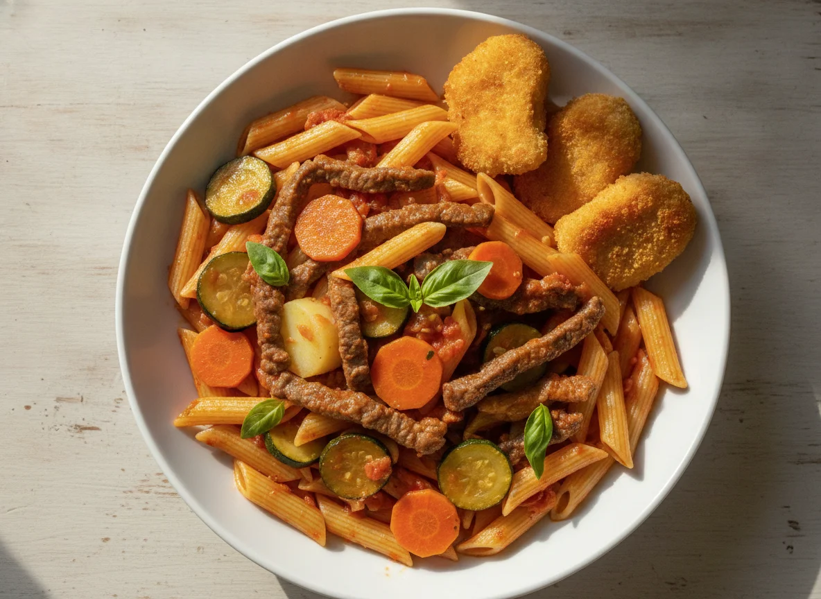 Macarrão penne com carne, abobrinha e cenoura photo