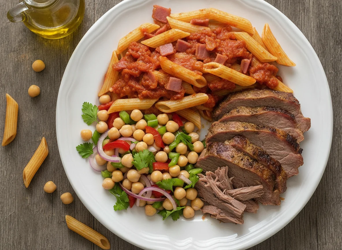 Macarrão penne com carne assada e salada de grão-de-bico photo