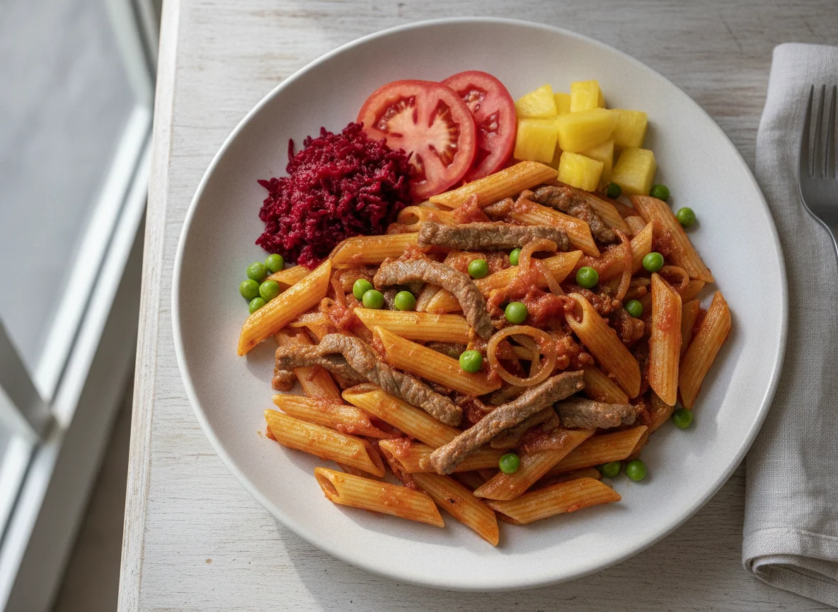 Macarrão penne com carne, beterraba, tomate e abacaxi photo
