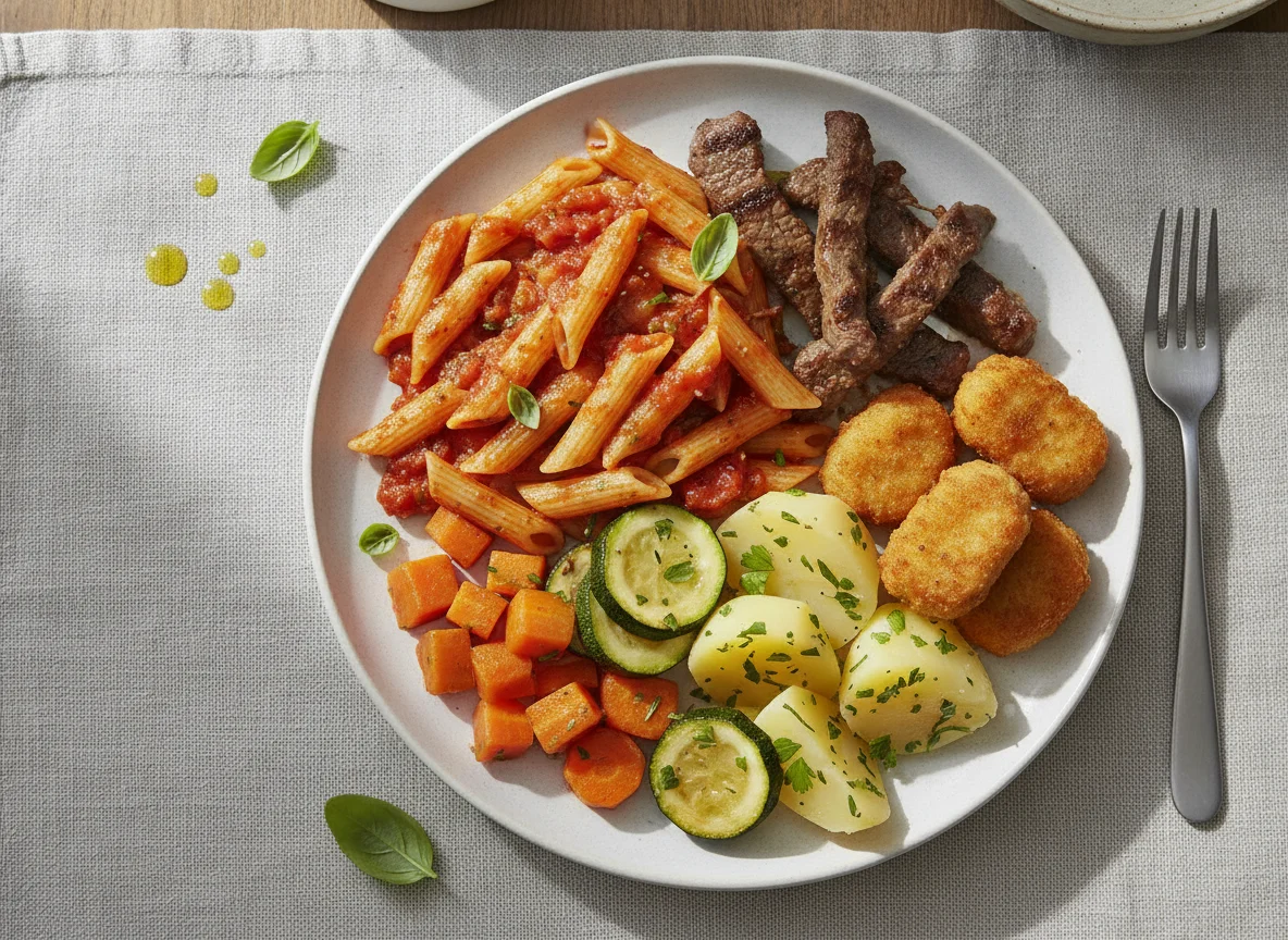Macarrão penne com carne bovina e legumes photo