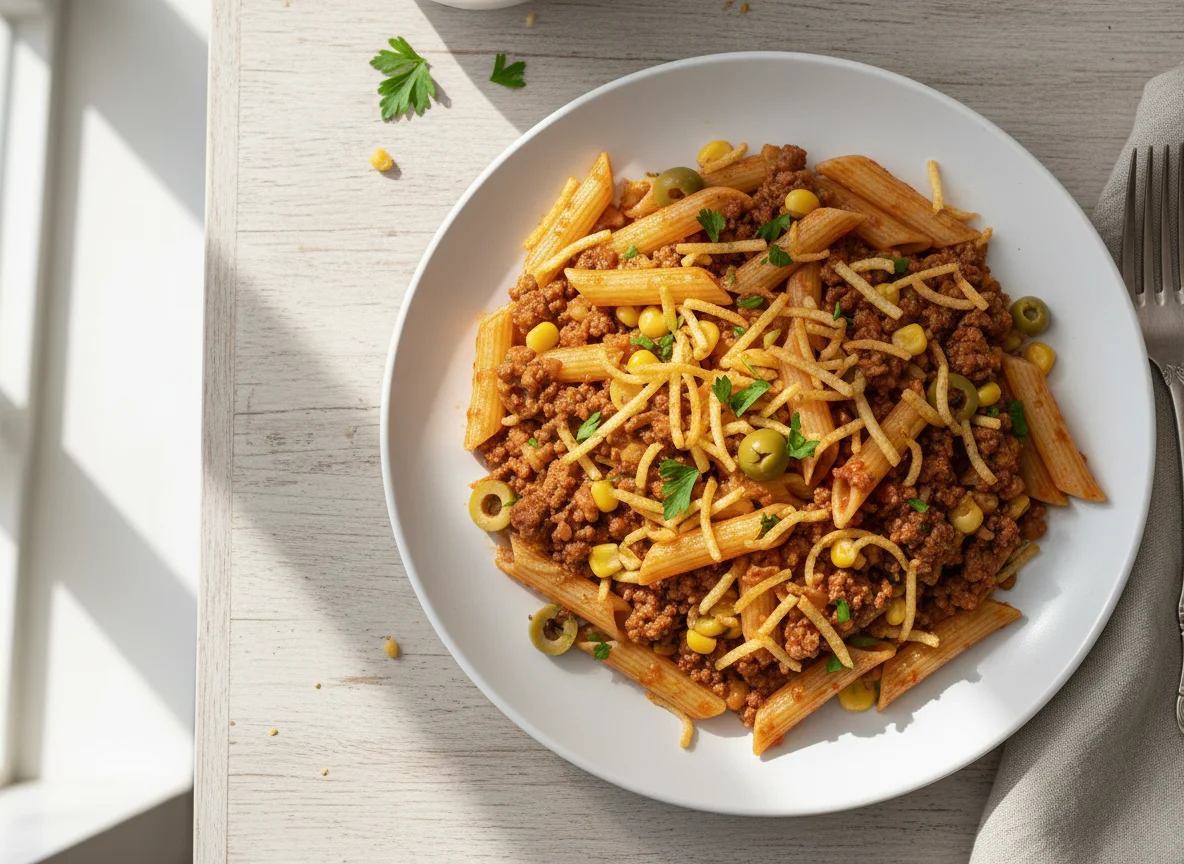 Macarrão Penne com Carne Moída e Batata Palha photo