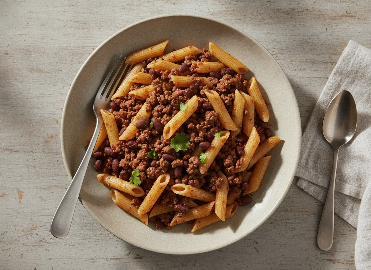 Macarrão penne com carne moída e feijão preto photo