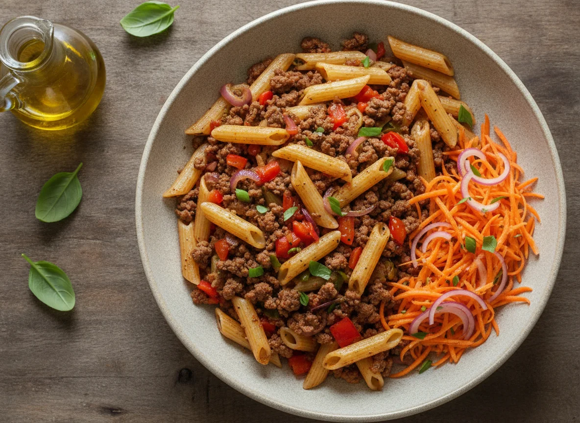 Macarrão Penne com Carne Moída e Salada Fresca photo