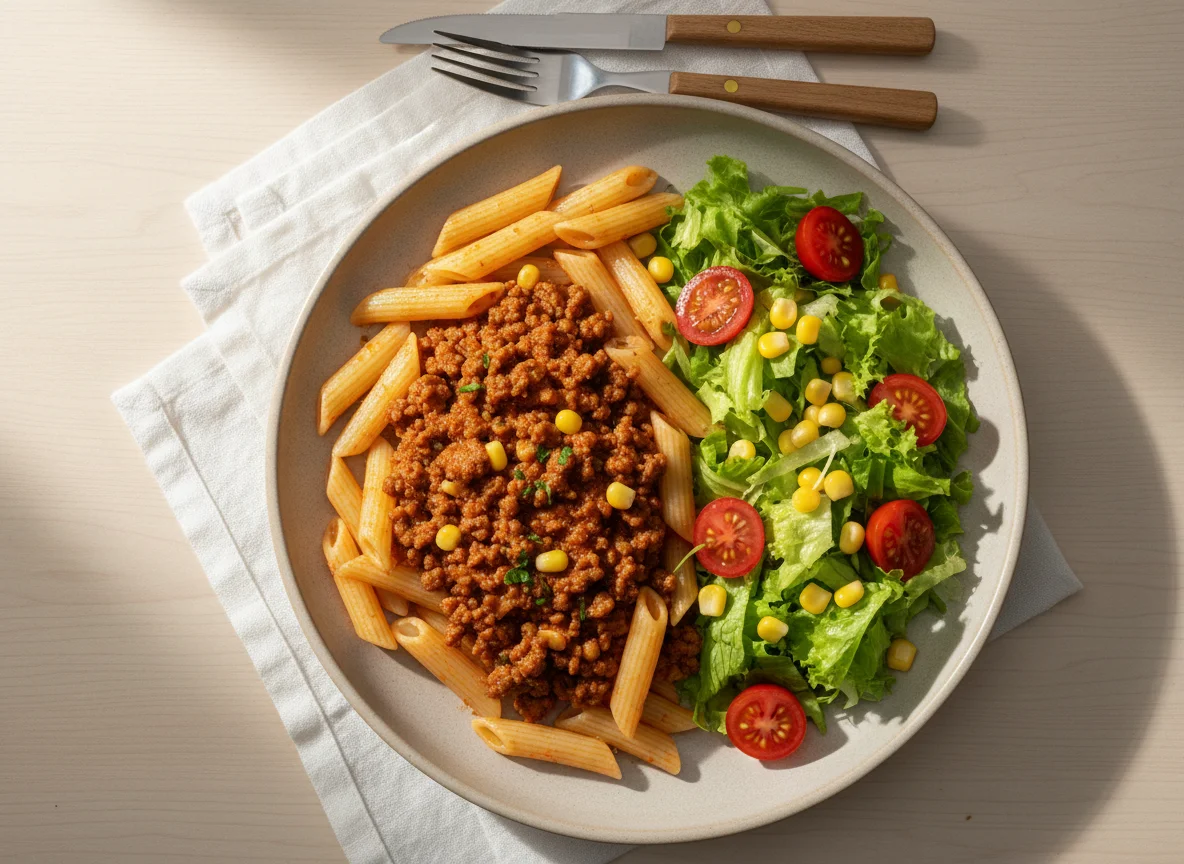 Macarrão Penne com Carne Moída e Salada photo
