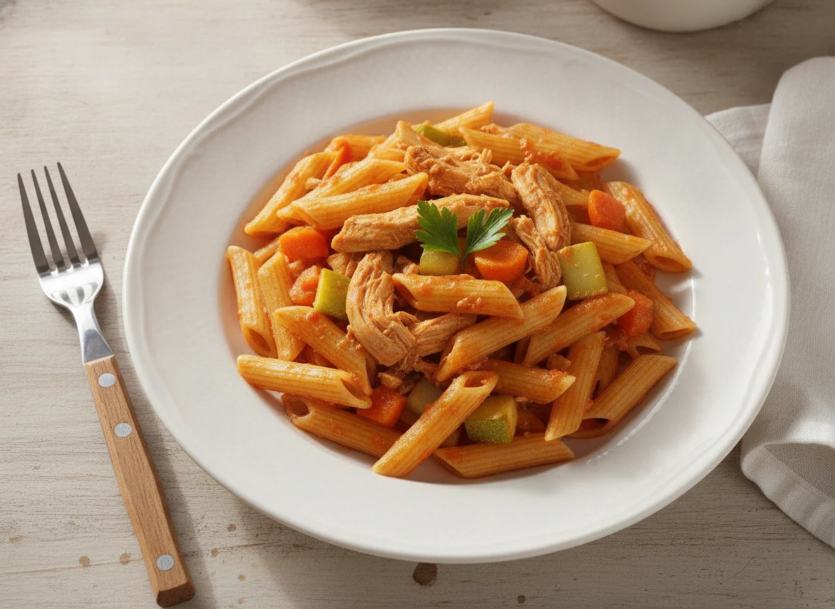 Macarrão penne com frango desfiado e legumes photo