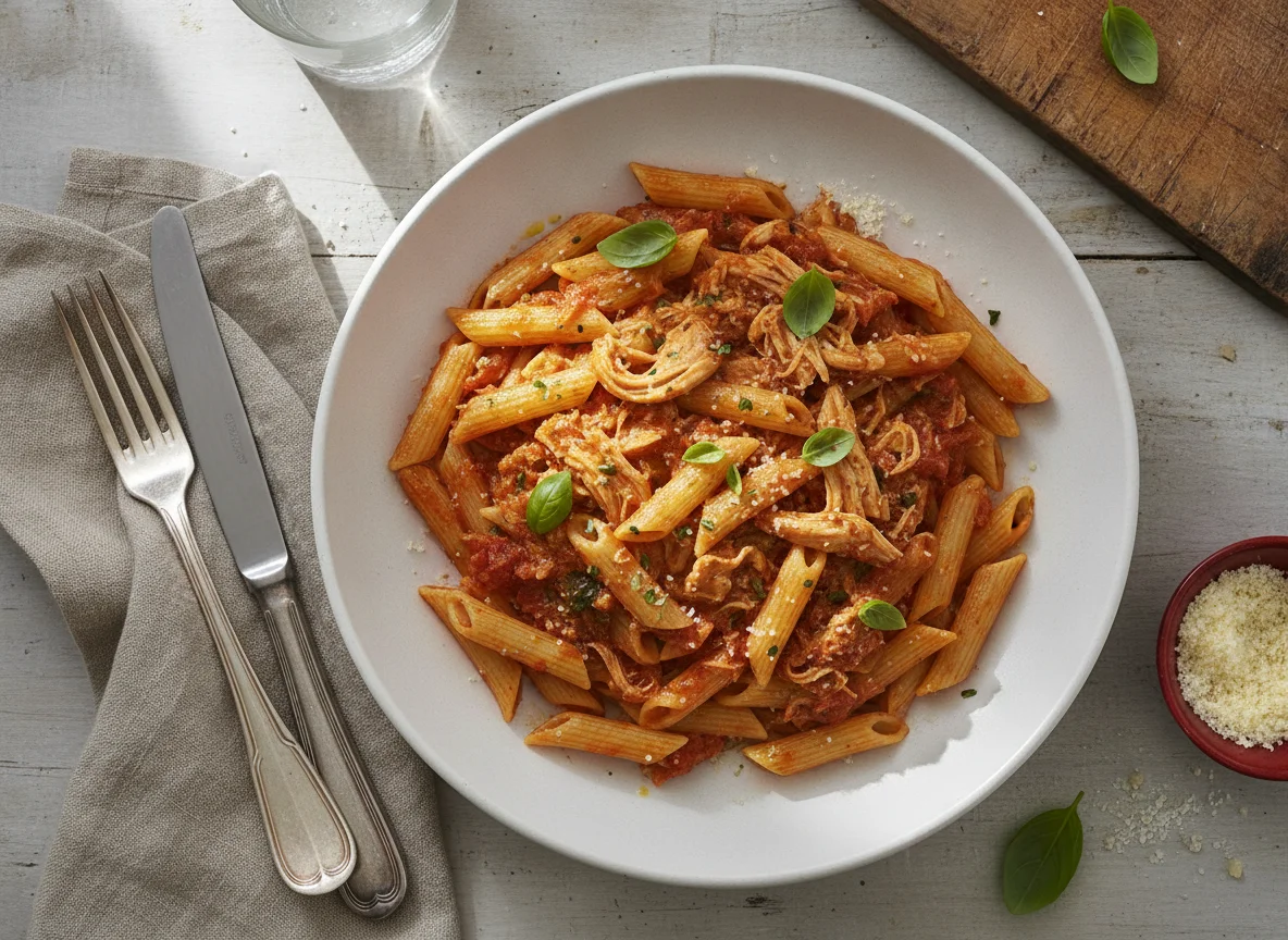 Macarrão penne com frango desfiado e molho de tomate photo