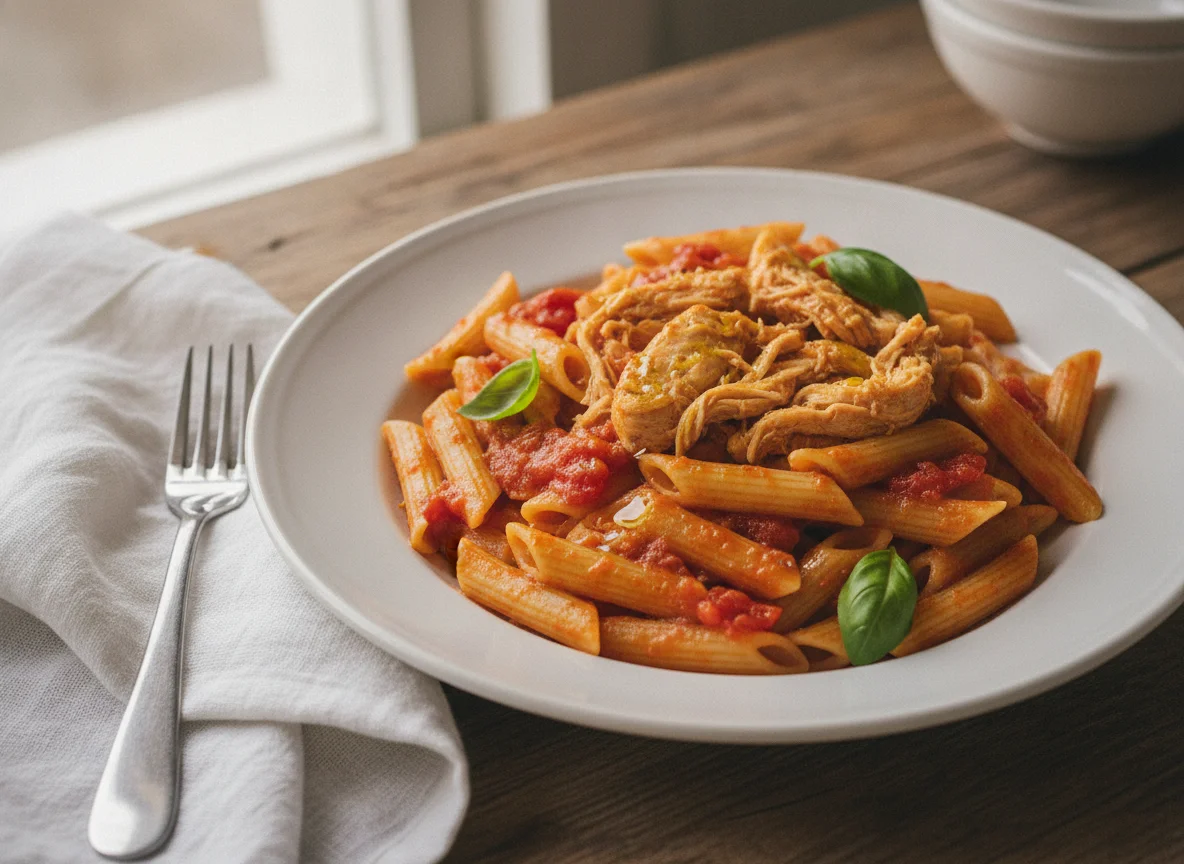 Macarrão Penne com Frango e Molho de Tomate photo