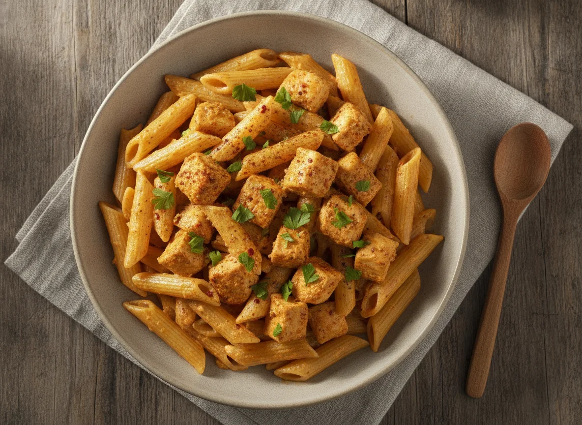 Macarrão penne com frango e páprica photo