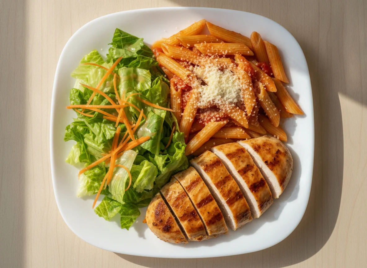 Macarrão Penne com Frango Grelhado e Salada photo
