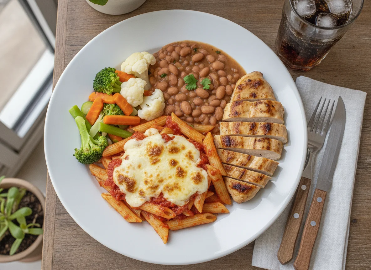 Macarrão penne com frango grelhado, feijão e legumes photo