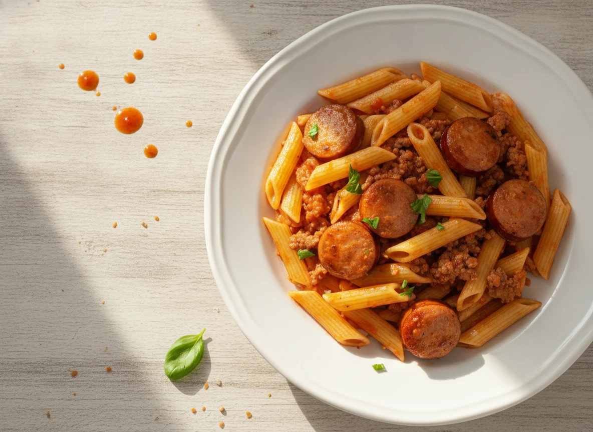 Macarrão Penne com Linguiça e Molho de Tomate photo