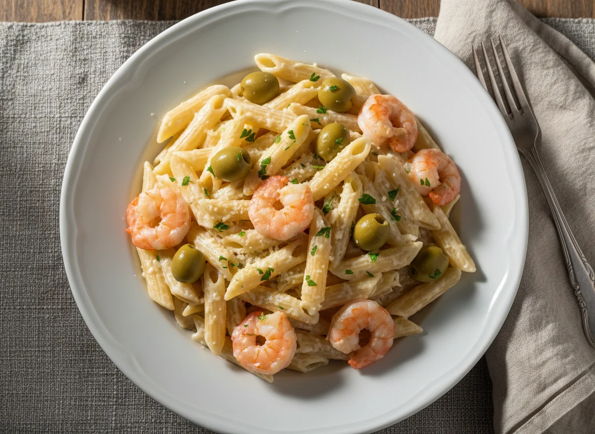 Macarrão Penne com Molho Branco, Camarão e Azeitonas photo