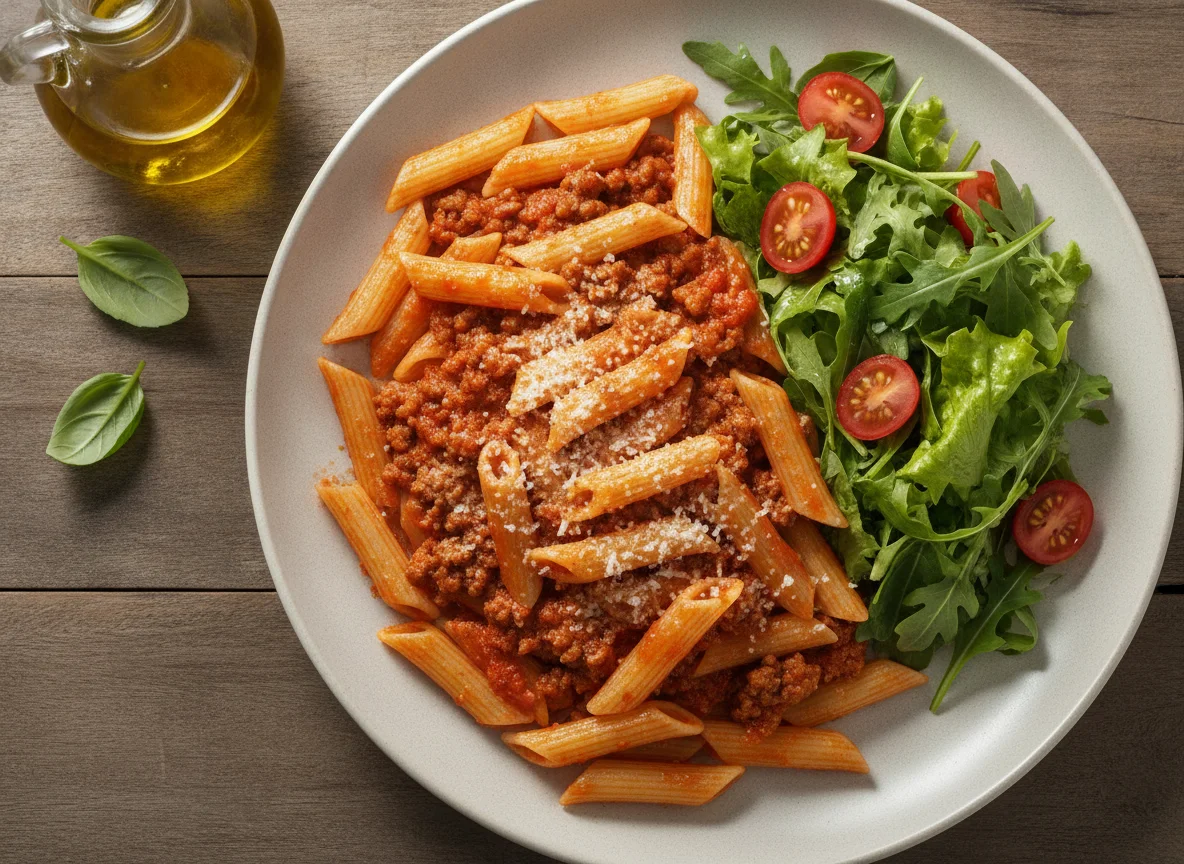 Macarrão Penne com Molho de Tomate, Queijo e Salada Mista photo