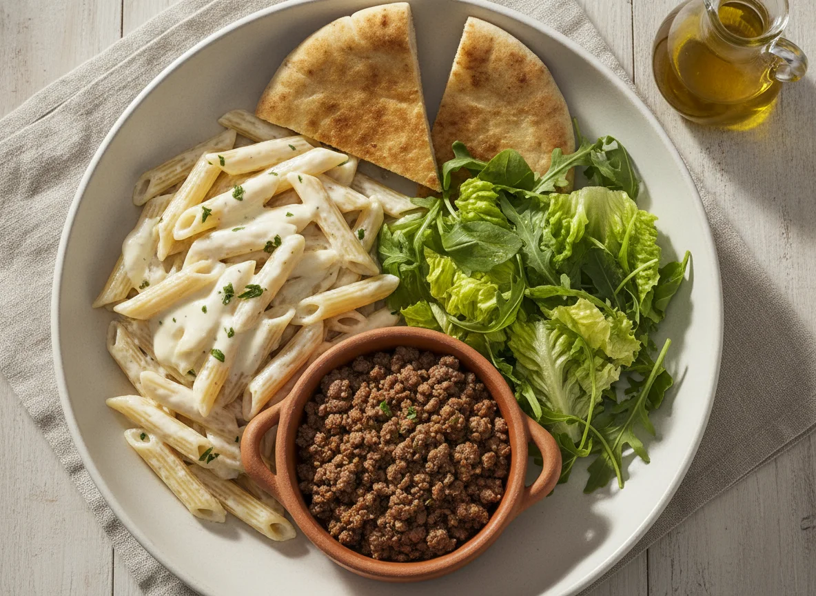 Macarrão penne com salada, pão sírio e carne moída com molho branco photo