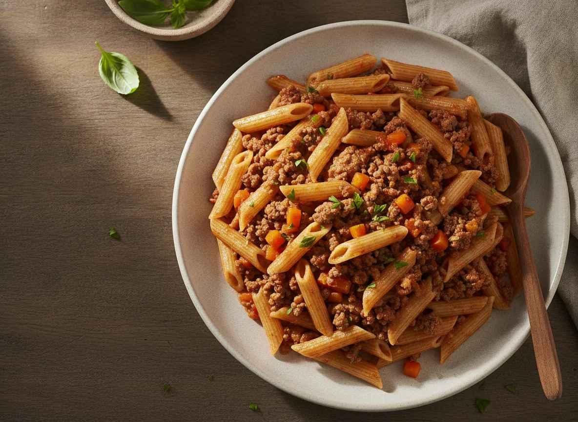 Macarrão Penne Integral com Carne Moída e Cenoura photo