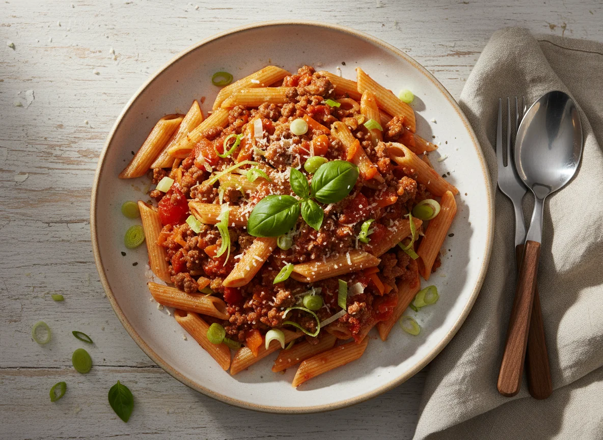 Macarrão sem glúten à bolonhesa com alho-poró photo