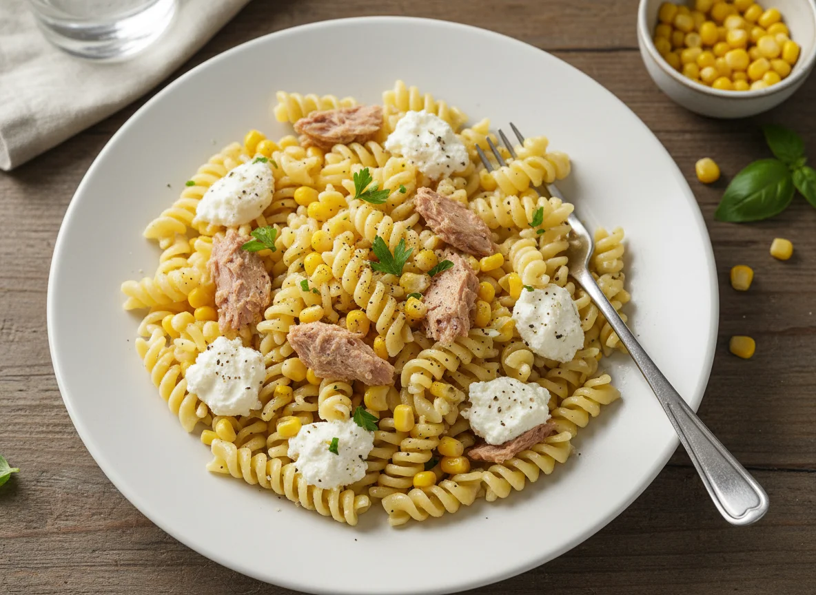 Macarrão sem glúten com atum, milho e creme de ricota photo