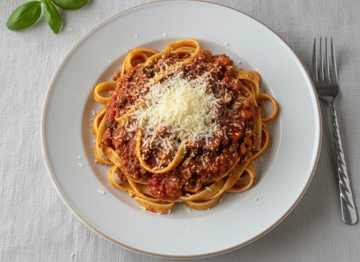 Macarrão Tagliatelle à Bolonhesa com Queijo Ralado photo