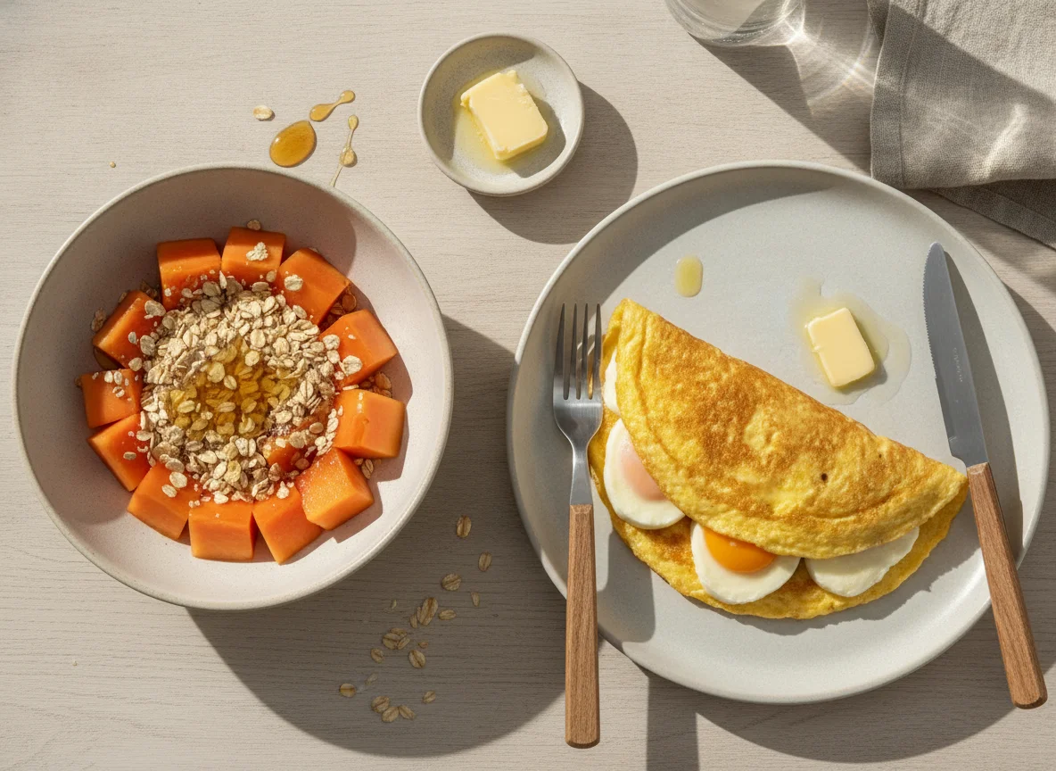 Mamão com aveia e Omelete de queijo photo