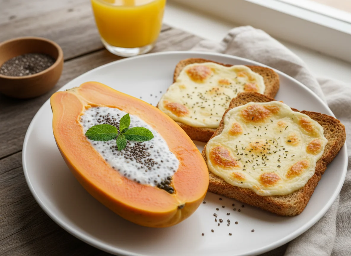 Mamão com chia e torradas com queijo photo