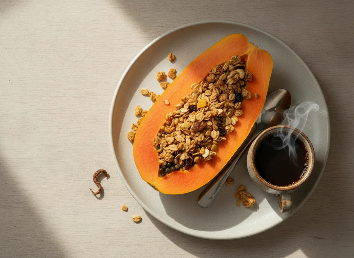 Mamão com granola e café photo