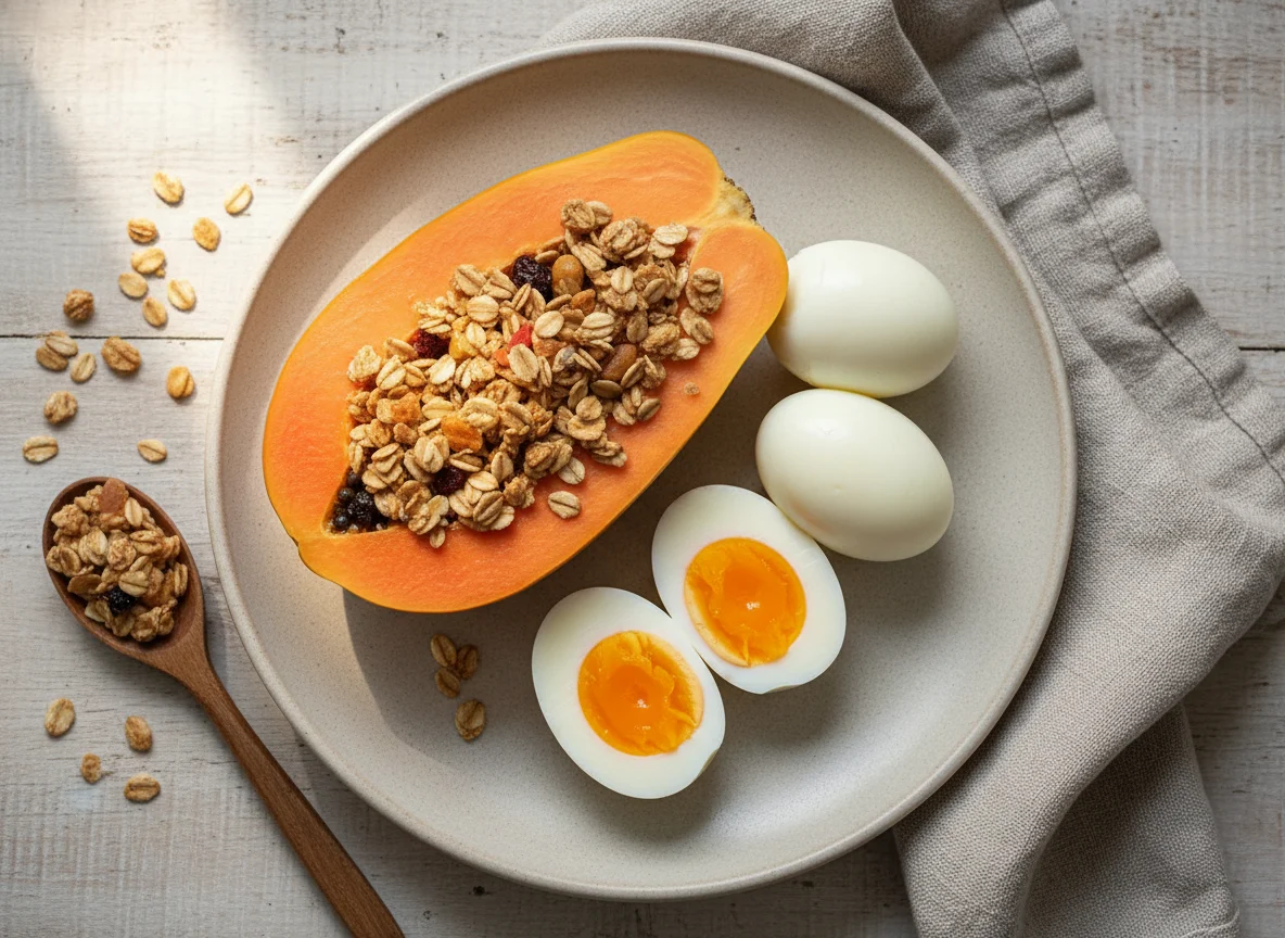 Mamão com granola e ovos cozidos photo