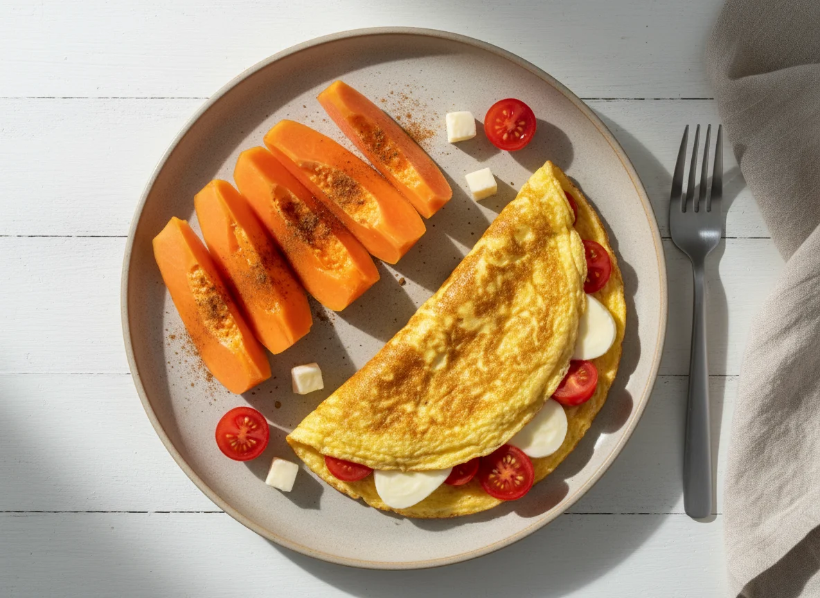 Mamão com omelete de tomate e queijo photo