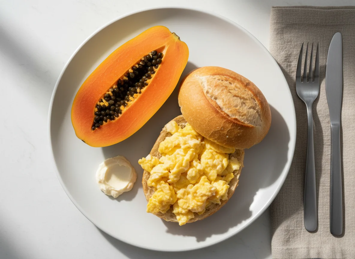 Mamão e pão com ovos mexidos photo